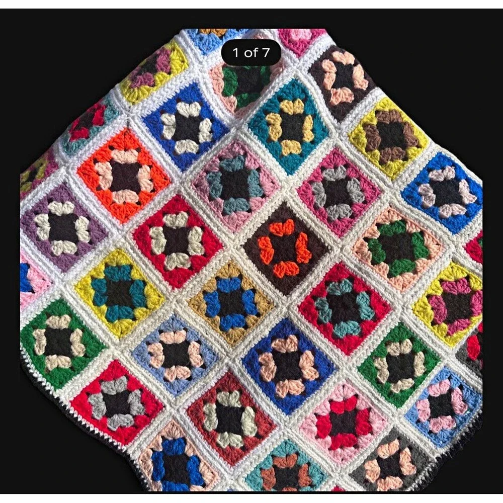 Handmade Crochet Granny Square Afghan Blanket Multicolor 45x60 Boho Throw